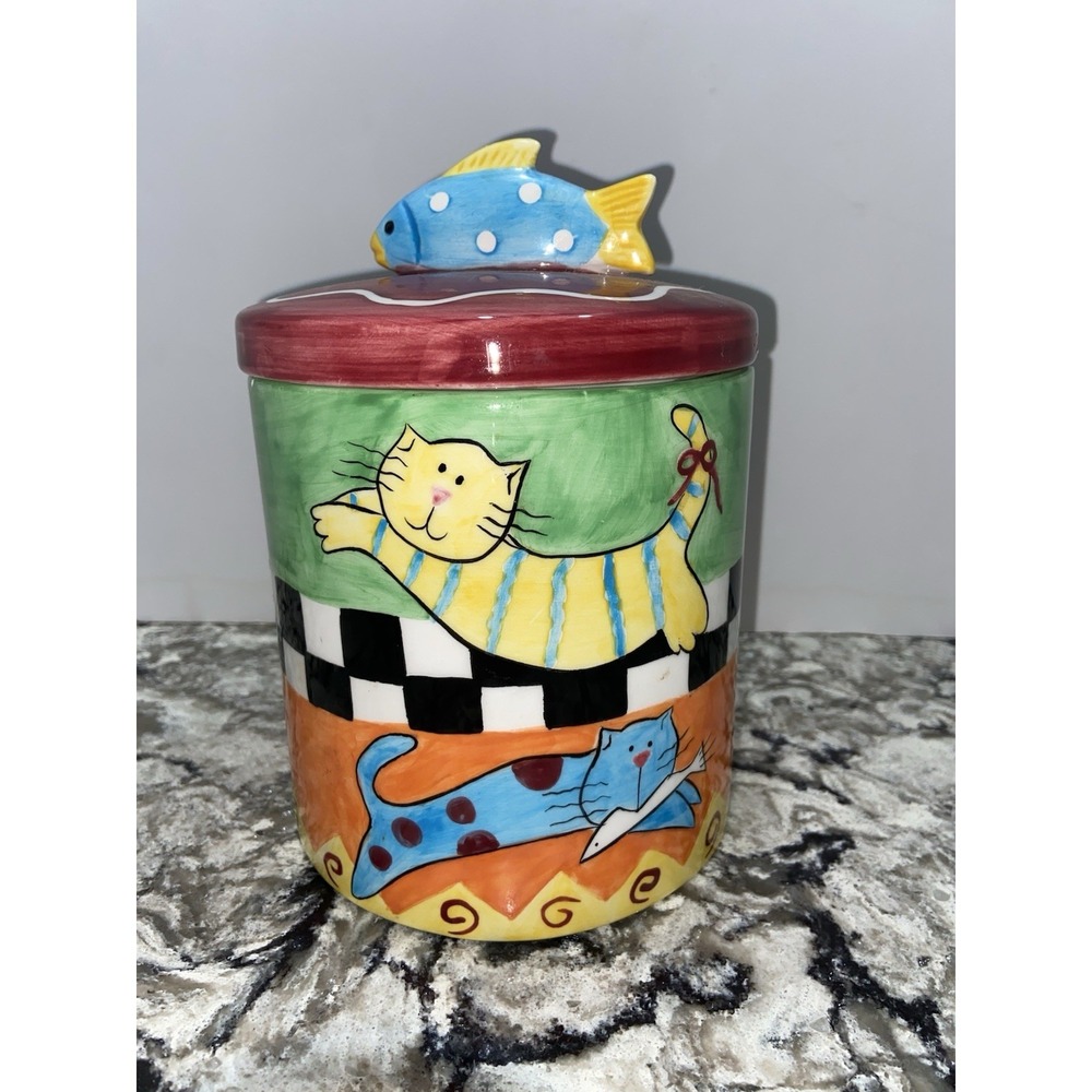 Cat Nap Treat Jar Ceramic Canister Fish Handle Lid Cookie Jar Whimsical